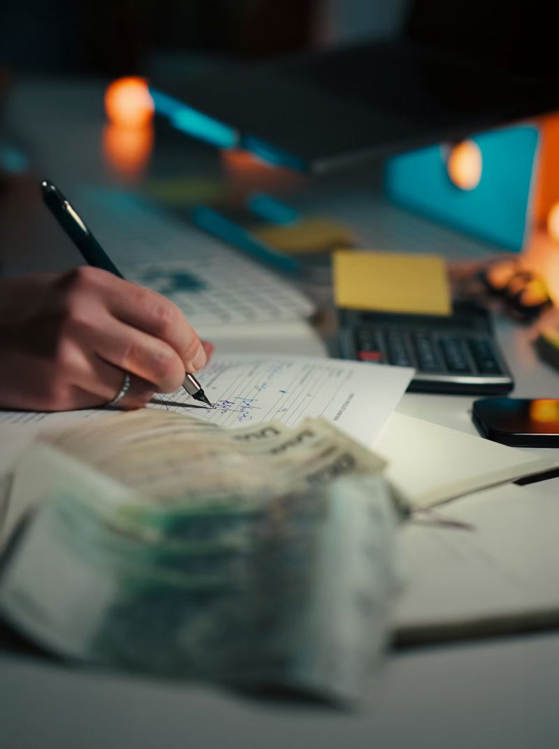 A hand completing a form next to a stack of currency and a calculator