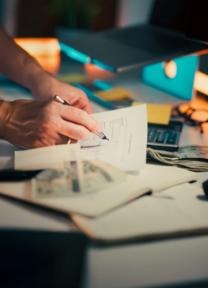 A reviewer signing off on a document beside a calculator and currency